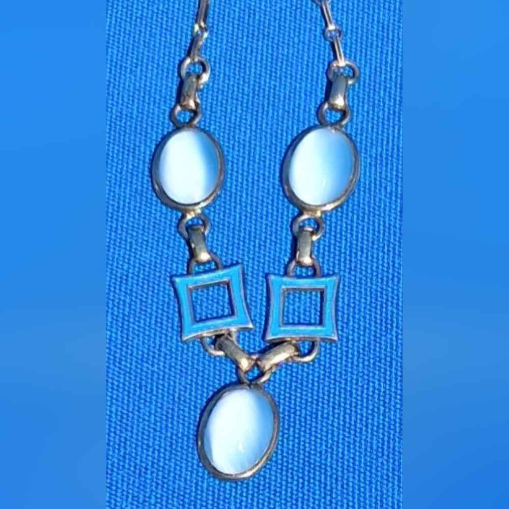 Blue Moonstone & Amco Stamped Silver Geometric Necklace art deco vintage - Picture 2 of 5